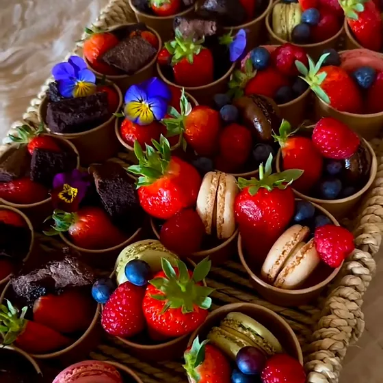 Panier de coupes de fraises, framboises, myrtilles et macarons décorées de fleurs